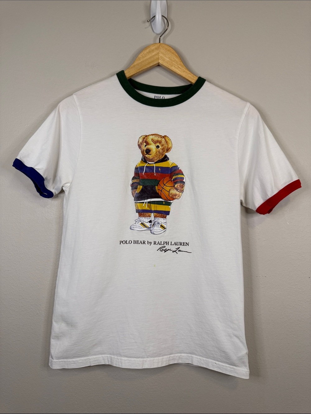Polo by Ralph Lauren White Polo Bear Tee with Green Neck & Red/Blue Sleeve Rings